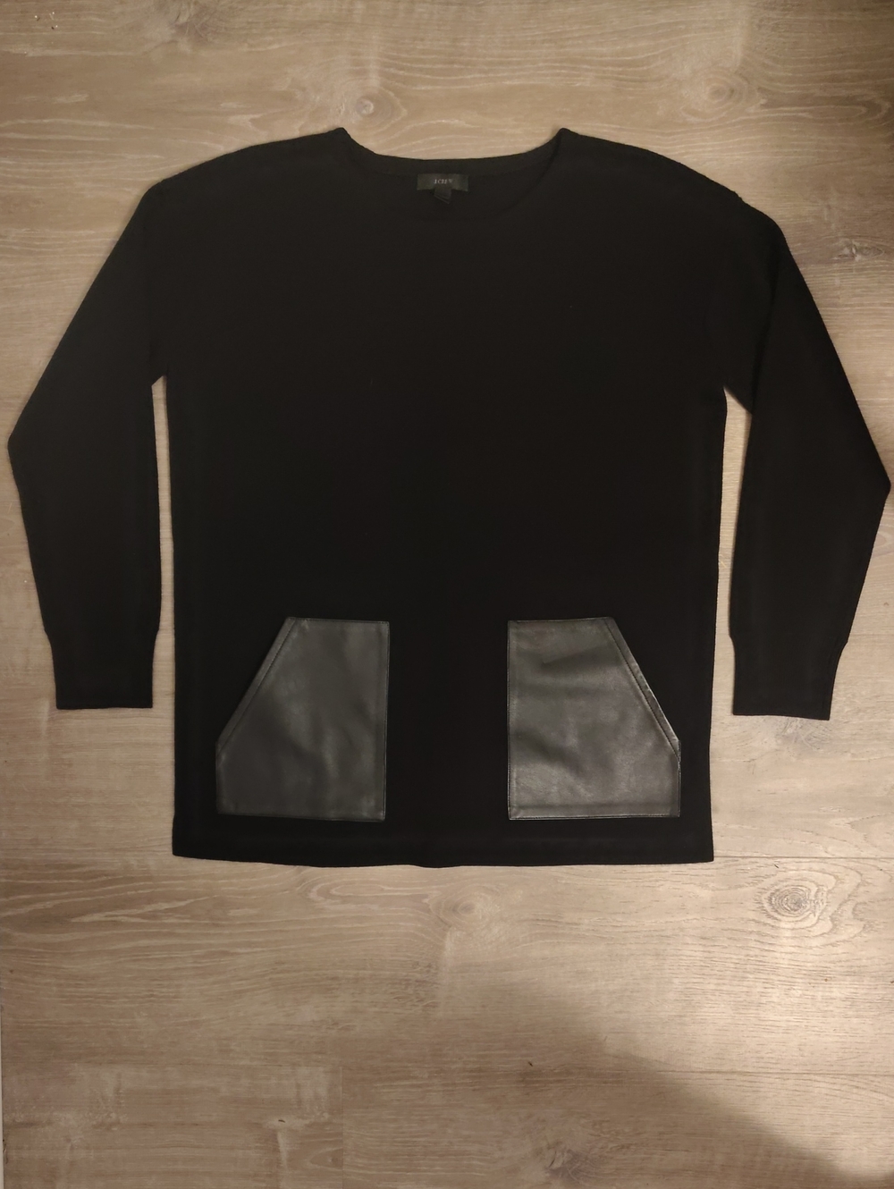 J. Crew Black Crewneck Merino Wool Sweater with  100% Leather Pockets